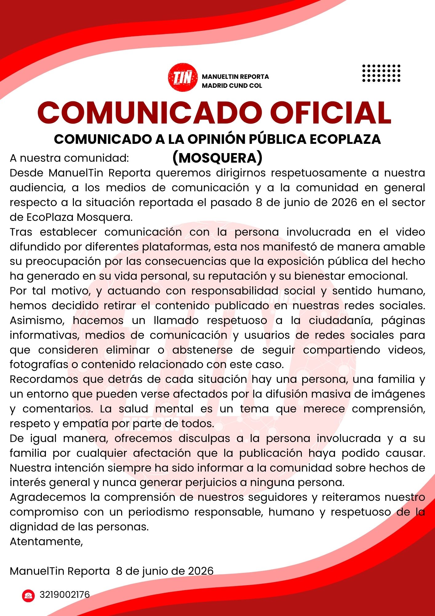COMUNICADO A LA OPINIÓN PÚBLICA ECOPLAZA (MOSQUERA)